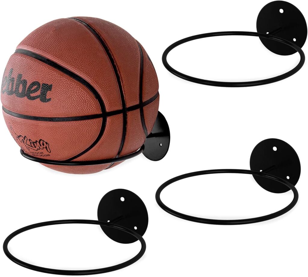 MyGift Set of 4 Matte Black Metal Wall-Mounted Sports Ball Display Holder, Basketball, Soccer, Football, Volleyball, Durable Wall Storage Rack Wire Shelf