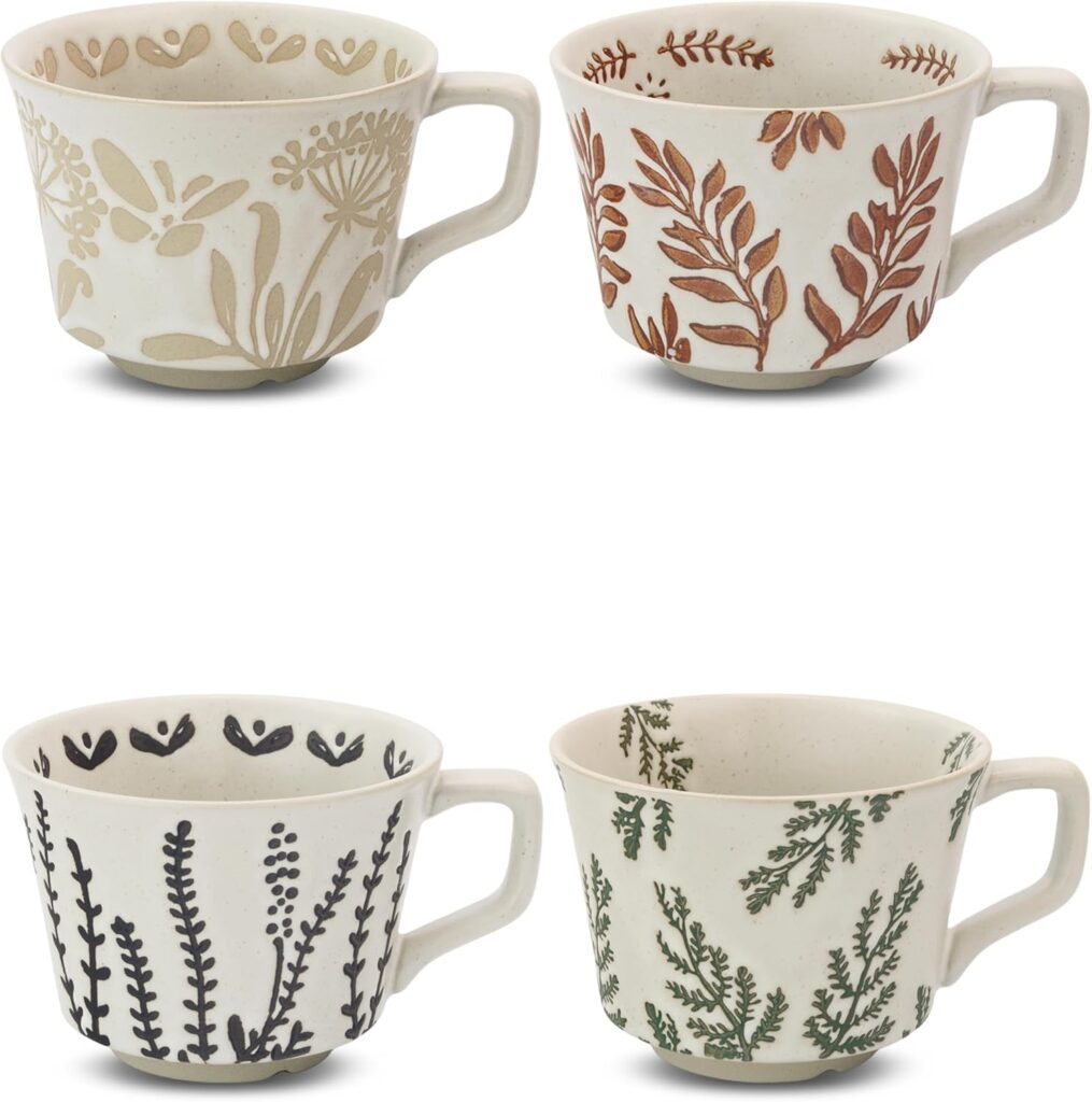Ceramic Coffee Mug, 12 oz Novelty Unique Teacup with Handle, Stoneware Cup for Tea Mocha Latte Cappuccino Espresso (Set of 4, Butterfly Grass Ivy and Leaf)