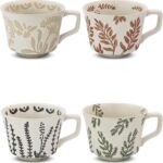 Ceramic Coffee Mug, 12 oz Novelty Unique Teacup with Handle, Stoneware Cup for Tea Mocha Latte Cappuccino Espresso (Set of 4, Butterfly Grass Ivy and Leaf)