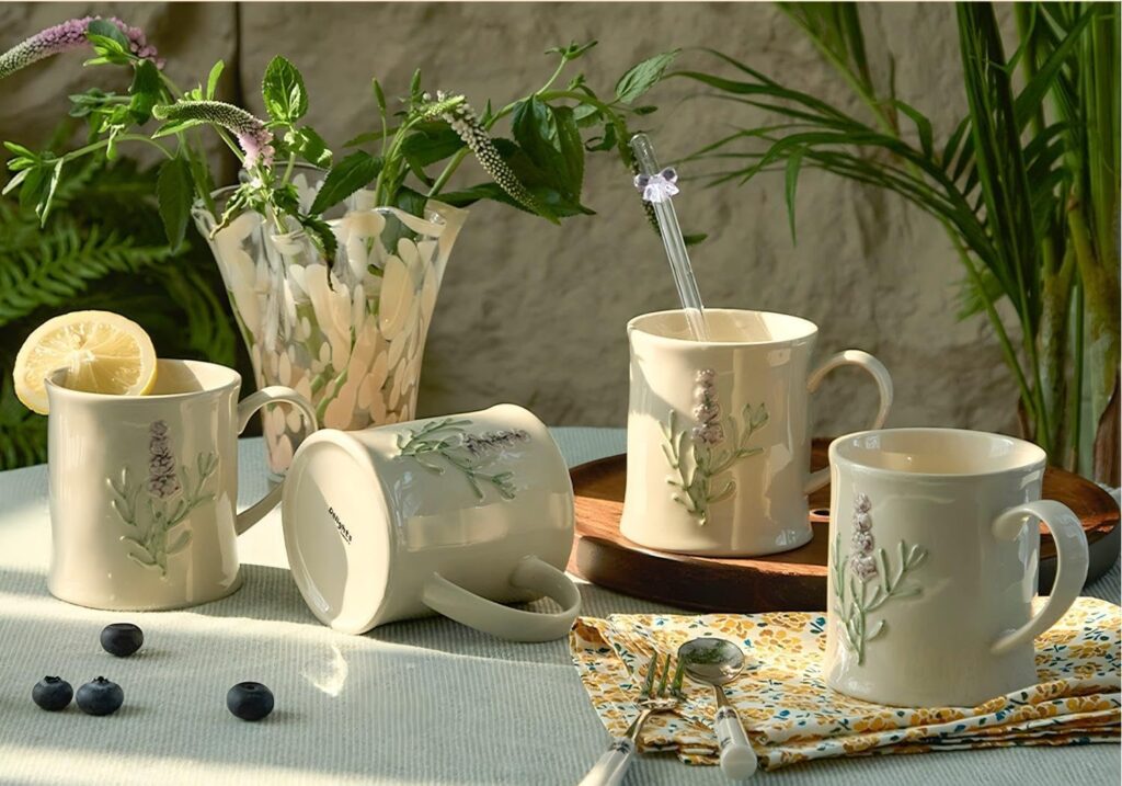 Artisanal Handcrafted Ceramic Mug with Sage Botanical Design – 12oz Off-White Stoneware Coffee Cup, Elegant Purple Sage Pattern, Dishwasher Safe, Comfort Grip Handle for Daily Use-4pack