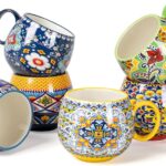 HENXFEN LEAD Boho Ceramic Coffee Mugs Set of 6 – 20 oz Large Porcelain Cups for Latte, Cappuccino, Tea, Cocoa & Soup – Microwave & Dishwasher Safe