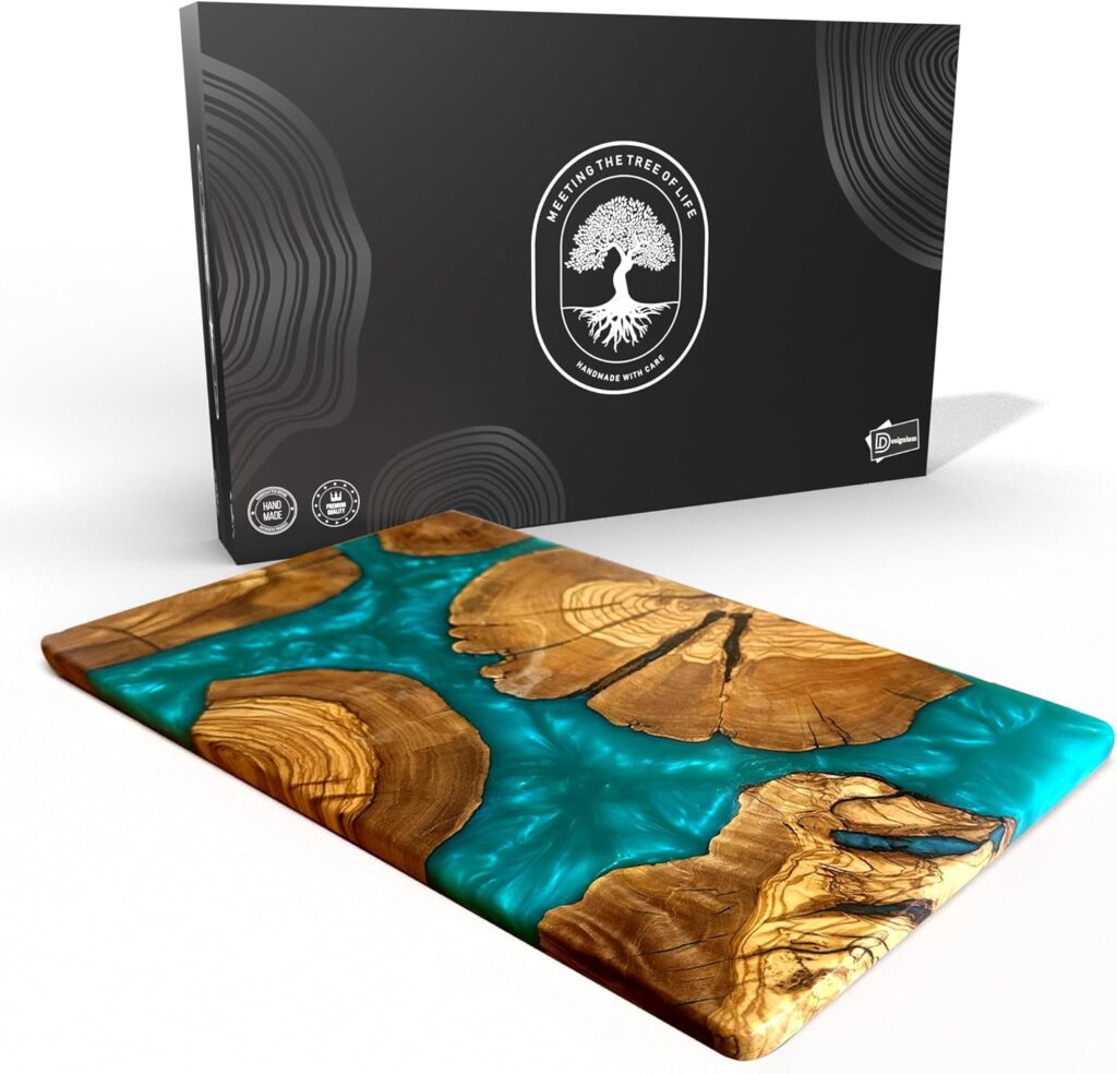 Handmade Olive Wood Cheese Board with Resin, Charcuterie Boards & Serving Tray, Wooden Epoxy Serving Board, Chopping and Cutting Board for Meat Vegetable & Fruit, Premium Gift for Kitchen