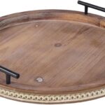Coffee Table Tray, Wooden Tray with Handles, Beaded Round Decorative Trays for Home Decor Kitchen Counter Living Dinning Room Countertop Display