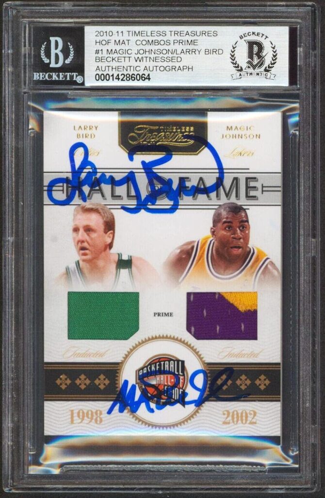 Magic Johnson & Larry Bird Signed 2010 Timeless HOF Mat #1 Card Auto 10 BAS Slab – Basketball Autographed Cards