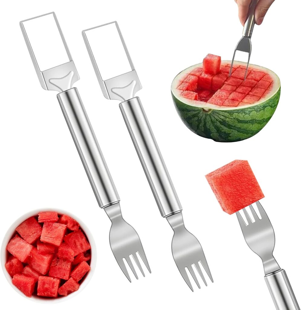 2 PCS Stainless Steel Watermelon Cutter and Fork Slicer Set 2-in-1 Fork Cutter and Fruit Slice Tool Watermelon Fork Slice Cutter Tool for Easy Cut Kitchen Gadget For Camping