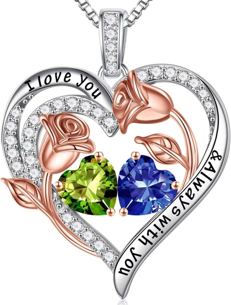 Iefil Birthstone Necklace for Women – 925 Sterling Silver Rose Heart Birthstone Necklace Birthday Anniversary Jewelry Gifts for Her Wife Mom Daughter