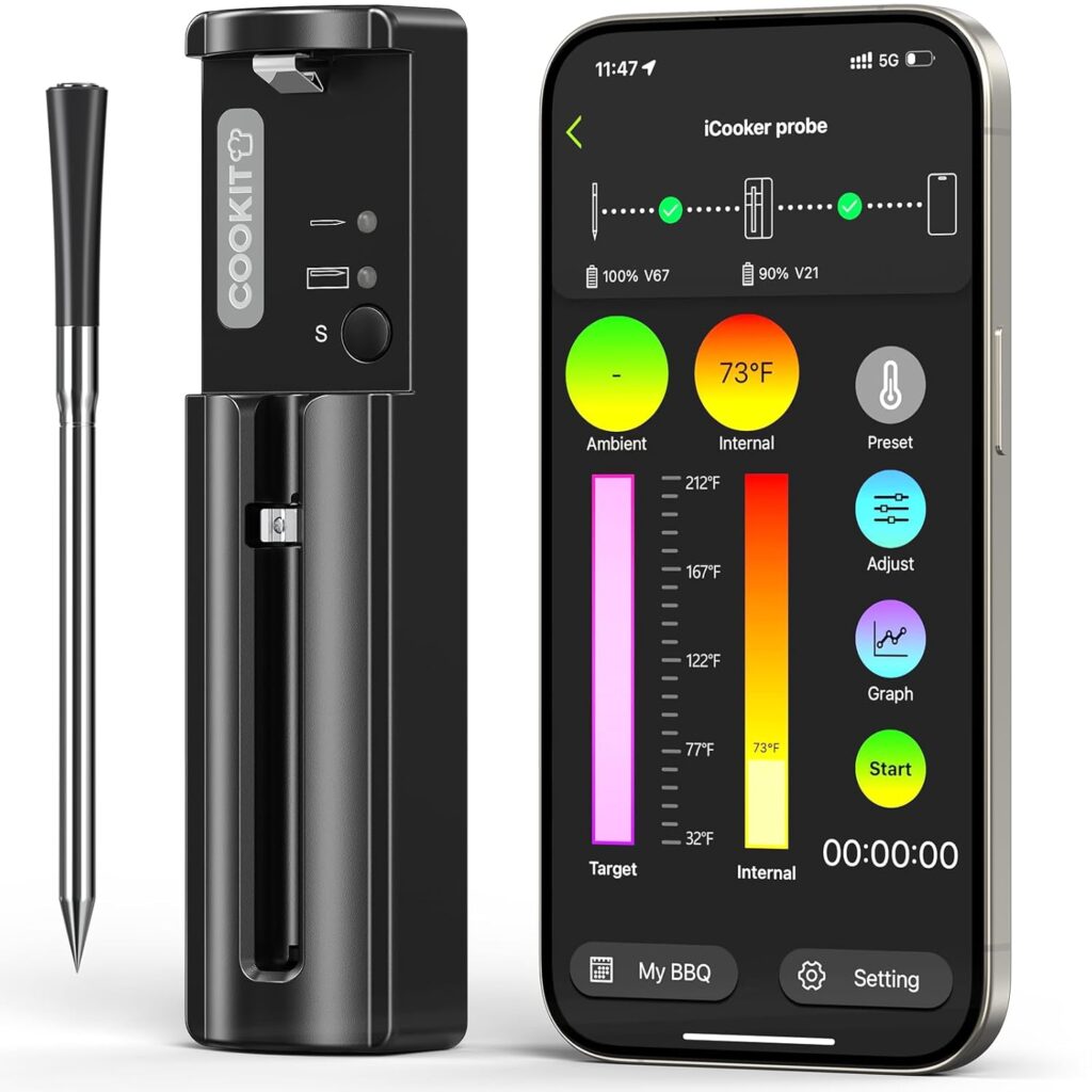 COOKIT 800FT Smart Wireless Meat Thermometer with 5.5mm Ultra-Thin Probe, Bluetooth 5.3 Digital Food Thermometer for Grill Kitchen BBQ Smoker Oven