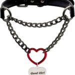 PU Leather Heart Choker – Adjustable Slip Chain Collar with Heart O-Ring & Cuban Chain, Personalized Letter Pendant Necklace for Women