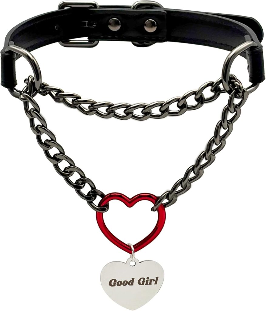 PU Leather Heart Choker – Adjustable Slip Chain Collar with Heart O-Ring & Cuban Chain, Personalized Letter Pendant Necklace for Women