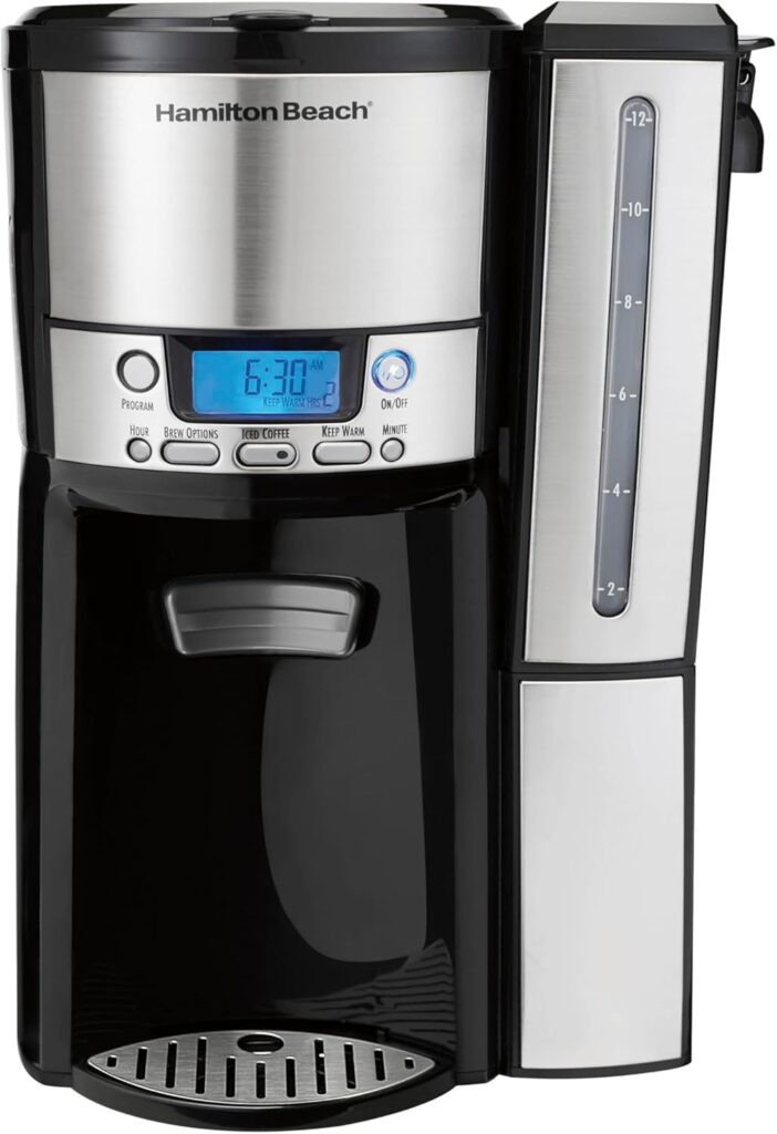 Hamilton Beach One Press Programmable Dispensing 12 Cup Coffee Maker with Internal Coffee Pot, Stays Warm and Fresh for Hours, 60 oz. Removable Reservoir, Black & Stainless Steel (47950)