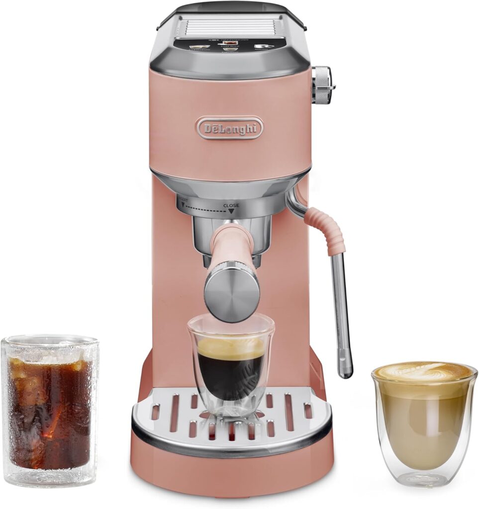 De’Longhi Dedica Duo Compact Espresso Machine – Cold Brew Coffee Maker with Milk Frother Wand- for Espresso, Hot & Iced Coffee, Cappuccinos, Lattes & Home Barista Brewing, Rosรฉ Pink
