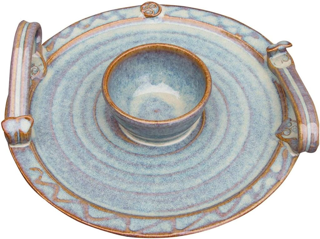 Castle Arch Pottery Handmade Party Platter with Dip Bowl. 9” Diameter Serving Plate with Celtic Spiral Logo. Original Irish Design Hand-Glazed for Durability and Quality of Finish (Green)