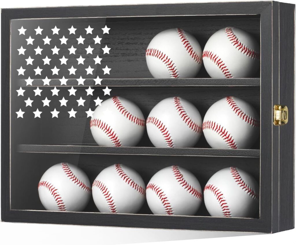 Retro Baseball Display Case Holds 12 Balls, 11″x16″ Baseball Storage Box with HD Acrylic Glass, Wall Mount Baseball Ball Holder Stand with Flag for Collectors and Autographed Balls