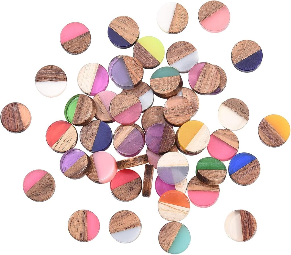 LiQunSweet 50 Pcs Handmade Mixed Random Color Vintage Natural Wood with Resin Cabochon Charm Bead Without Hole Round Shape for Necklace Earring Jewelry Findings DIY Accessories Design 10mm (0.39″)