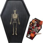 Halloween Coffin Charcuterie Boards Engraved Gold Skeleton for Party Serving Dishes Food Decor, Solid Wood Gothic Black Tray Easy to Clean -15.7″ Length