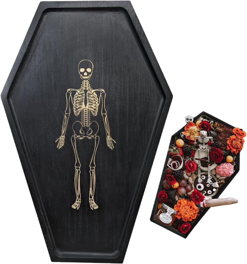 Halloween Coffin Charcuterie Boards Engraved Gold Skeleton for Party Serving Dishes Food Decor, Solid Wood Gothic Black Tray Easy to Clean -15.7″ Length
