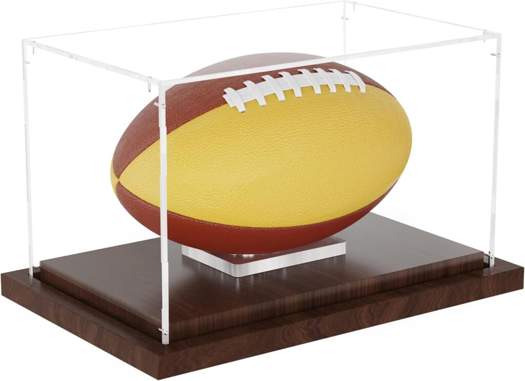 Football Display Case with Wood Base, Acrylic Football Case Display Clear Box with Removable Built-in Ball Holder for Autographed Footballs, Sports Collectibles, Memorabilia Displays