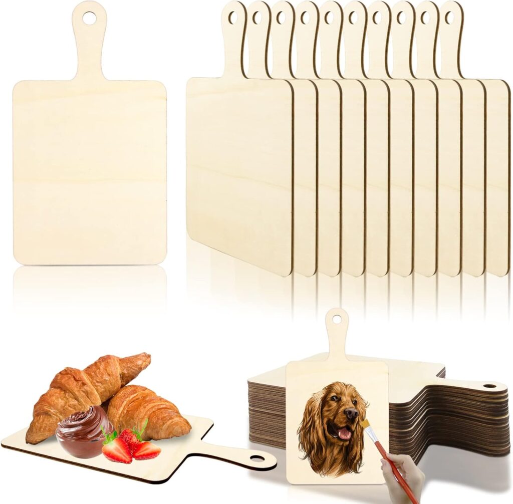 Vmiapxo 16 Pack Unfinished Wood Cutting Board Craft with Handle, Wooden Paddle Cheese Bread Board Set Chopping Board Serving Tray for Craft DIY Christmas Home Kitchen Cooking Decor (9.4″ x 5.5″)