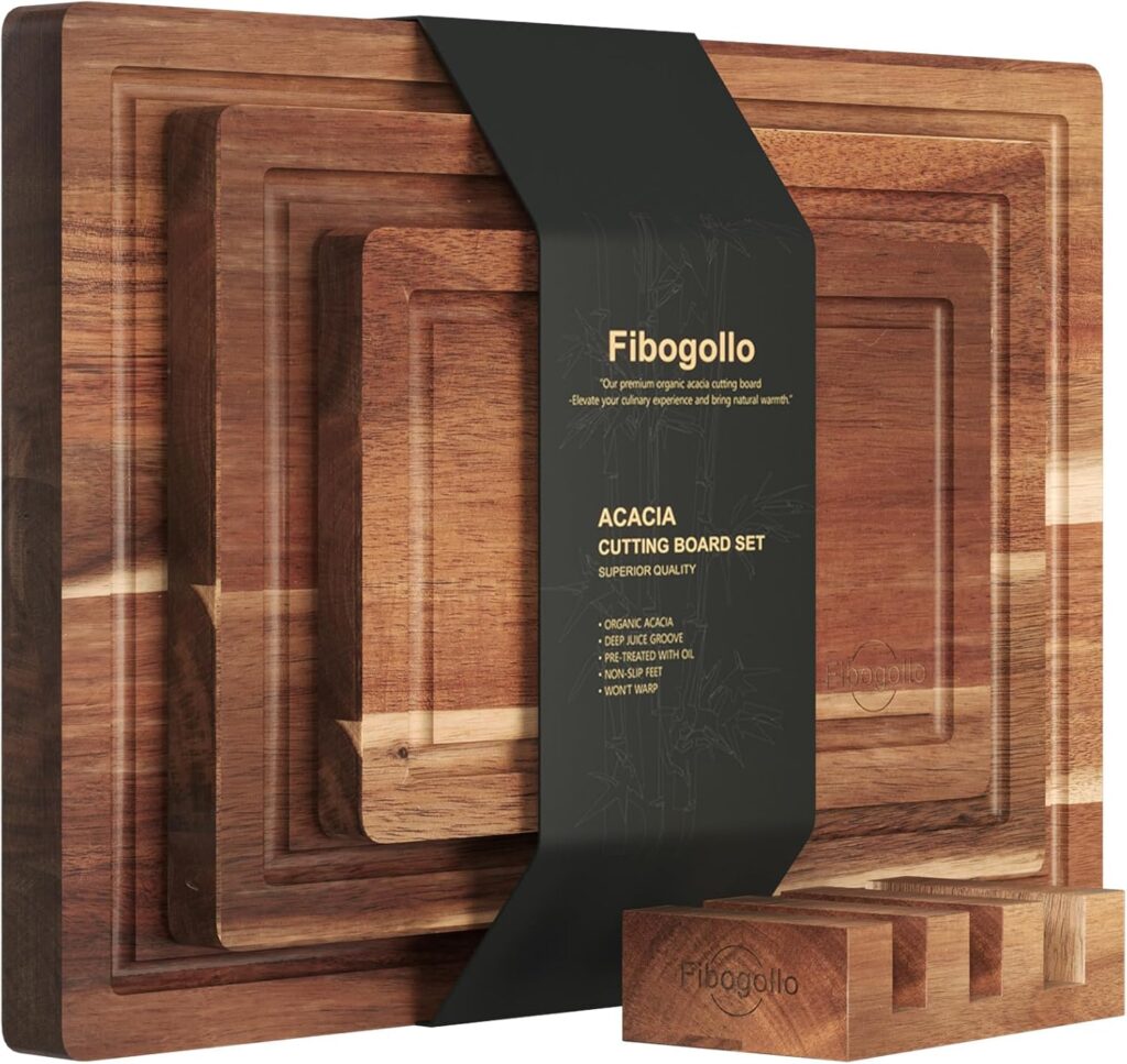 Acacia Wood Cutting Boards for Kitchen(Set of 3),Wooden Chopping Boards Set with Juice Groove,Serving Board with Holder,Butcher Block for Meat,Vegetables,Fruit