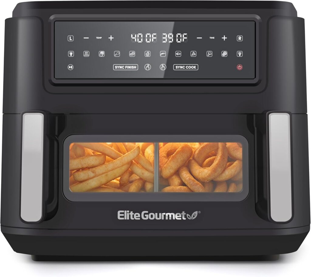 Elite Gourmet EAF1055D Dual Zone Air Fryer Oven, 11QT. Capacity with Divider, Sync Finish, Dishwasher Safe Basket, 10 Preset Functions, 1600-Watts, with Recipe Booklet, Black