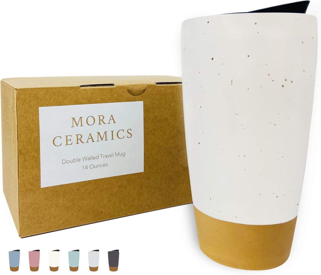Mora Double Wall Ceramic Coffee Travel Mug with Lid, 14 oz, Portable, Microwave, Dishwasher Safe, Insulated Reusable Tall Cup, Splash Resistant Lid – To Go Tumbler for Car Cup Holder, Cotton White