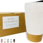 Mora Double Wall Ceramic Coffee Travel Mug with Lid, 14 oz, Portable, Microwave, Dishwasher Safe, Insulated Reusable Tall Cup, Splash Resistant Lid – To Go Tumbler for Car Cup Holder, Cotton White