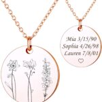 Anavia Multiple Birthday Month Flowers Necklace Connection of Family and Friends, Personalized Engraved Floral Coin Necklace, Customized Birthday Jewelry Gift for Mother New Mom