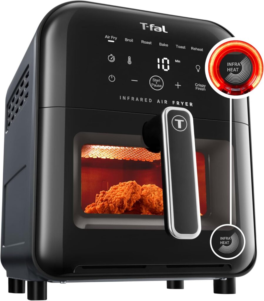 T-fal Infrared Air Fryer, 2x Faster Than Traditional Heating*, Large Air Fryer Toaster Oven Combo, 6 Qt Digital Touch Screen, 7-in-1 Cooking Functions, No-Shake Technology, 1550W, Black,