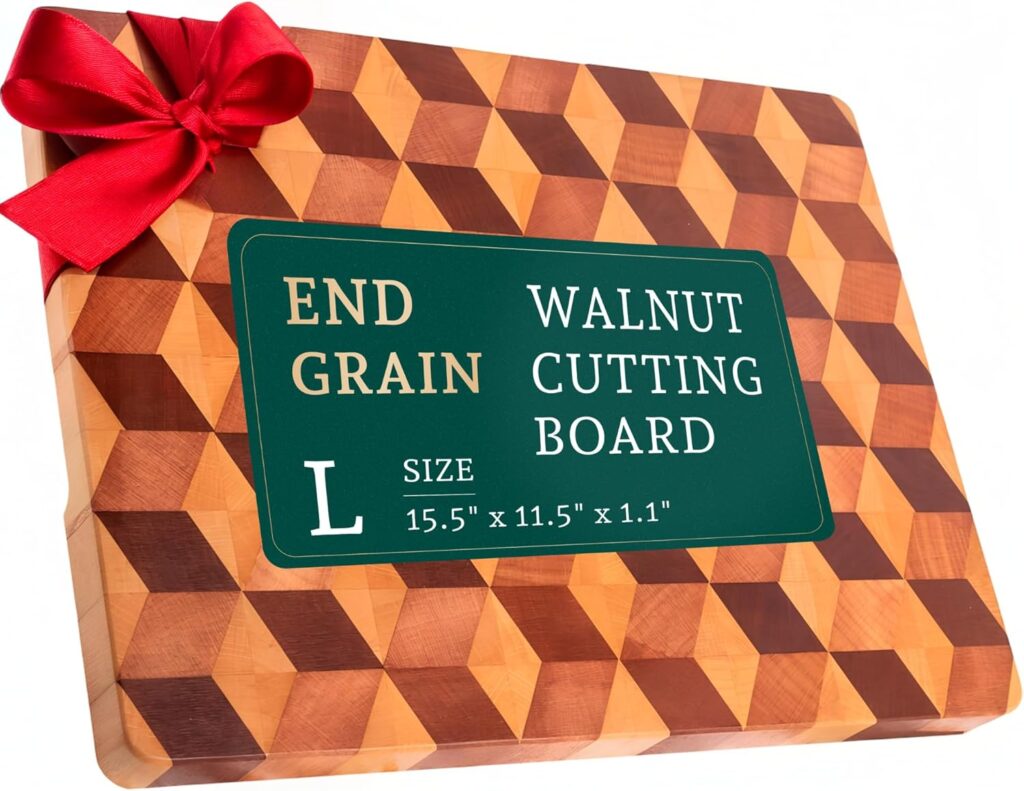 End Grain Wooden Cutting Board for Kitchen 15.5″x 11.5″ – Walnut Hardwood Chopping Block with Non Slip Grips – Ideal for Charcuterie & Meat Butcher – Handmade 3D Design Wood (1.1” Thick, Large)