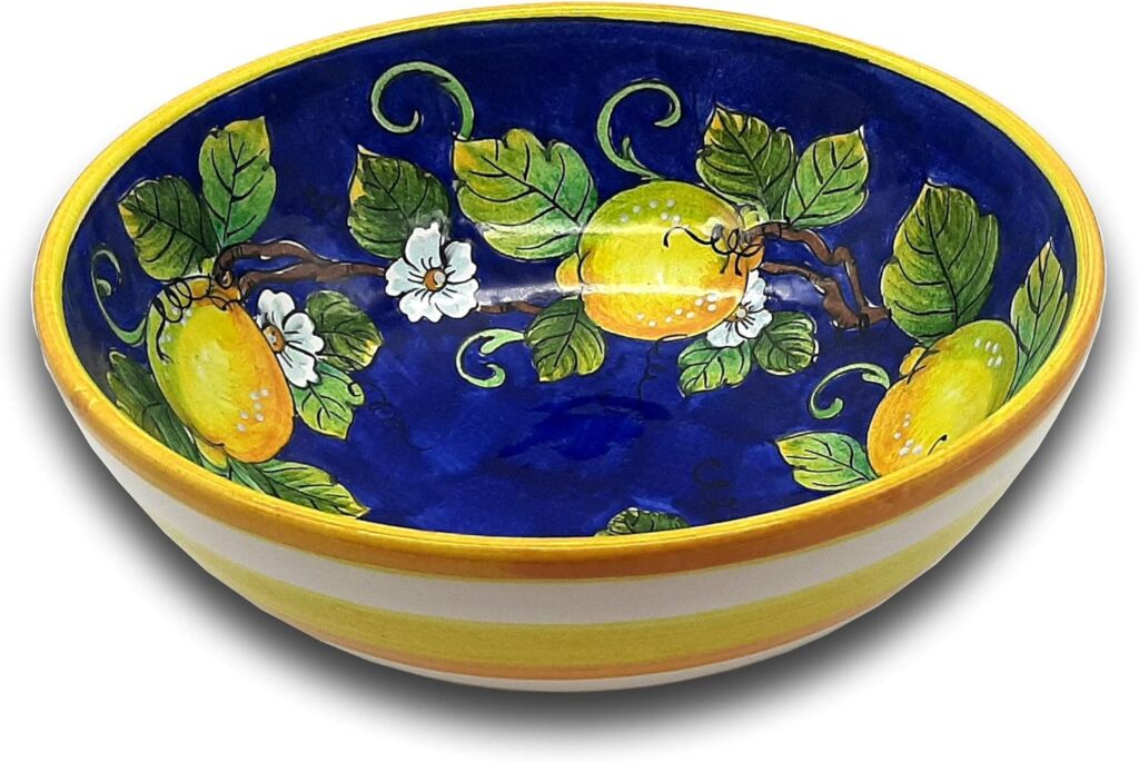 Large Ceramic Bowl for kitchen – Italian dinnerware pasta bowl – Yellow White Blue Lemon serving tray – Hand painted Tuscan pottery bowls – Made in Italy plates – Ceramics salad tuscan soul platter