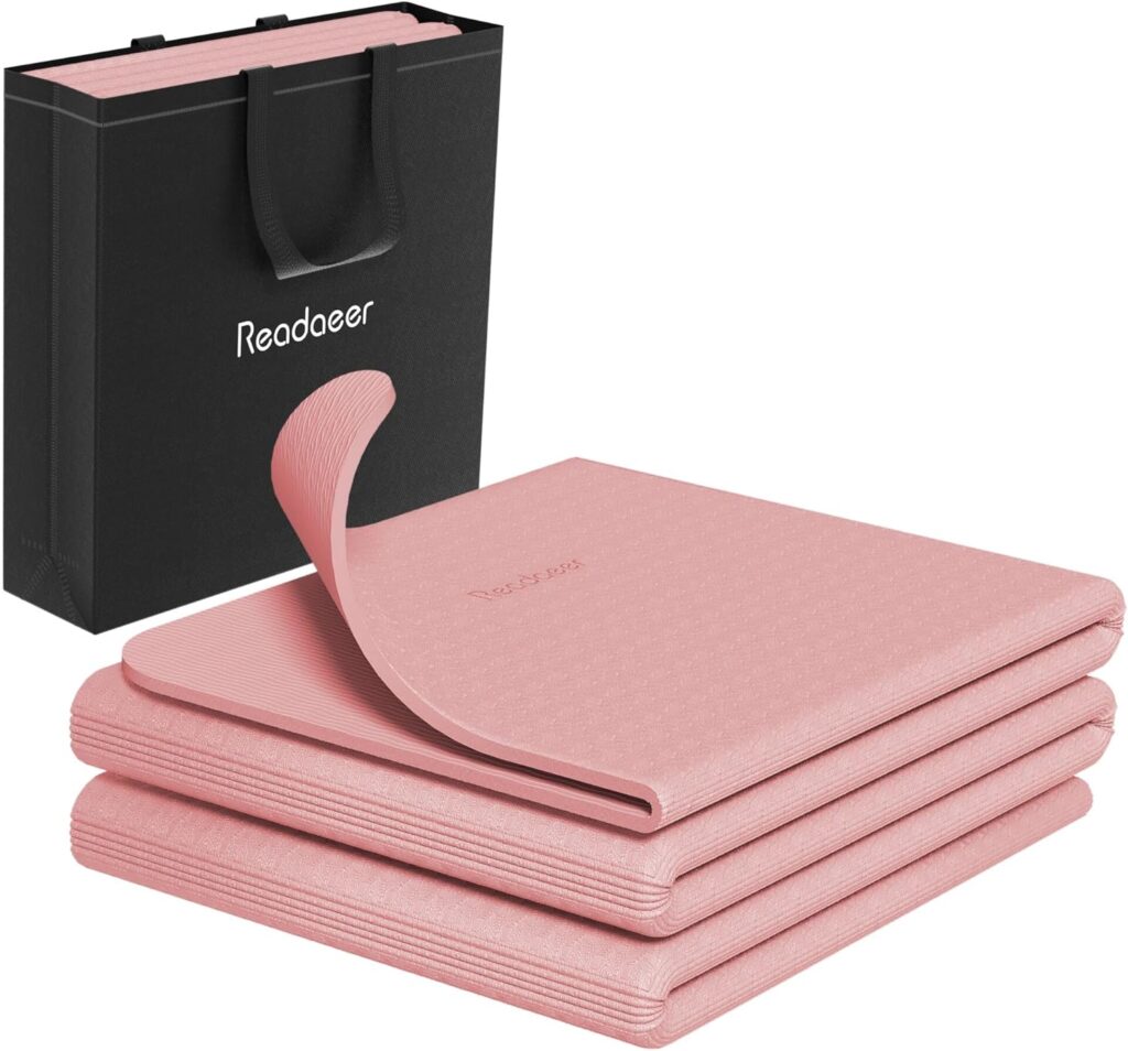 Readaeer Foldable Yoga Mat for Travel Folding Yoga Mat 6mm Thick with Carrying Bag, Non-Slip TPE Exercise Pilates Mat for 72″ L x 24″ W x 0.24 Inch