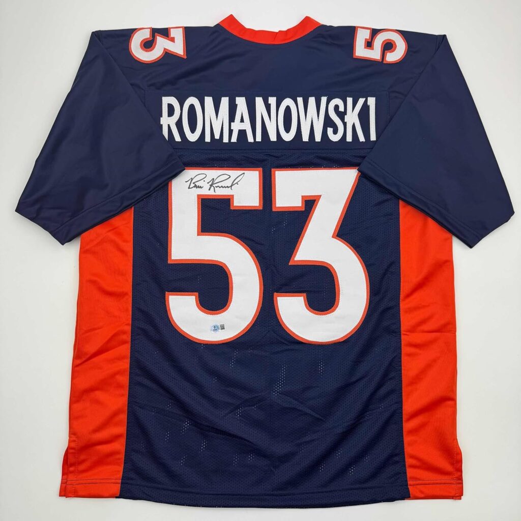 Autographed/Signed Bill Romanowski Denver Blue Football Jersey Beckett BAS COA