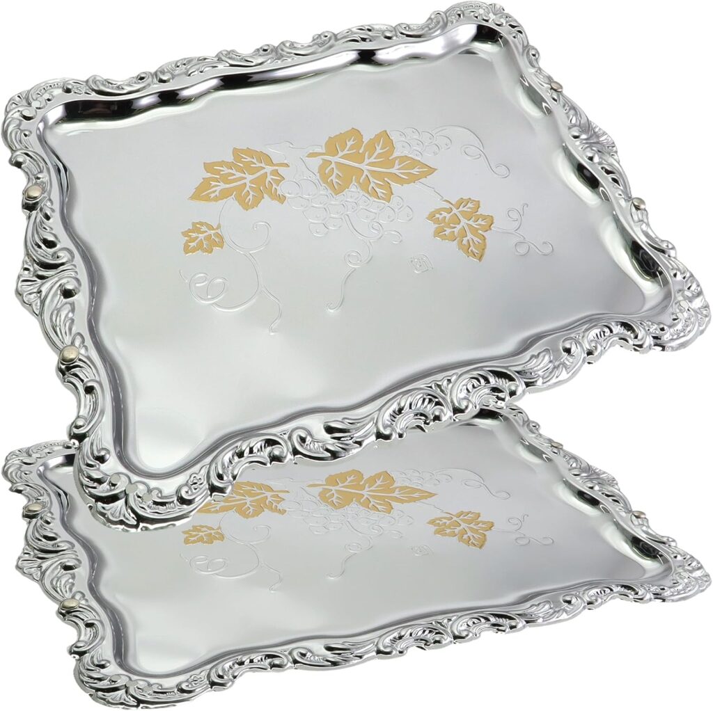 (Pack of 2) 14 Inch x 10.2 Inch Rectangular Chrome Plated Serving Tray Iron Gold Floral Engraved Decorative Party Birthday Wedding Dessert Buffet Wine Decor Platter Plate Base GD-159