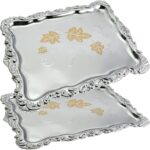 (Pack of 2) 14 Inch x 10.2 Inch Rectangular Chrome Plated Serving Tray Iron Gold Floral Engraved Decorative Party Birthday Wedding Dessert Buffet Wine Decor Platter Plate Base GD-159