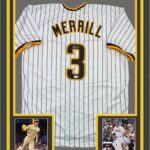 Framed Autographed/Signed Jackson Merrill 35×39 San Diego Pinstripe Baseball Jersey Beckett BAS COA
