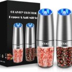 XinXu Gravity Electric Pepper and Salt Grinder Set, Salt/Pepper Mill & Adjustable Coarseness, Battery Powered with LED Light, One Hand Automatic Operation, (Set/Silver)