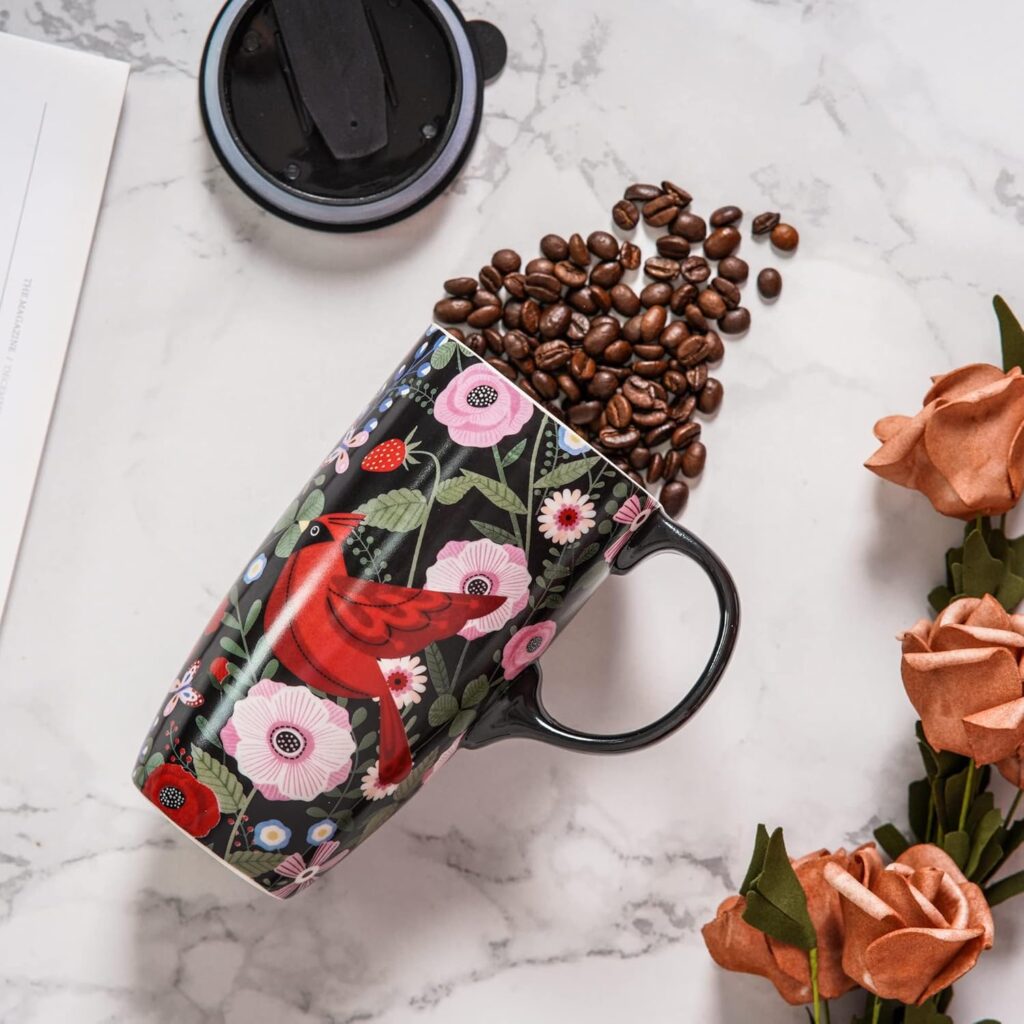 Topadorn Coffee Ceramic Mug Porcelain Latte Tea Cup With Lid 17oz,Novelty Coffee Mugs for Office & Home Red Bird Mug