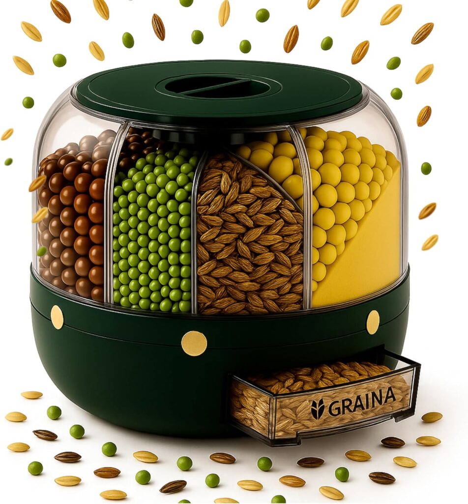 GRAINA Rotating Grain Dispenser with 6 Grids – Airtight Rice Container, Grain Dispenser, Rice dispenser, Dry Food Storage Organizer, Pantry Organizer, Kitchen gadgets, Bulk Food Storage Solution