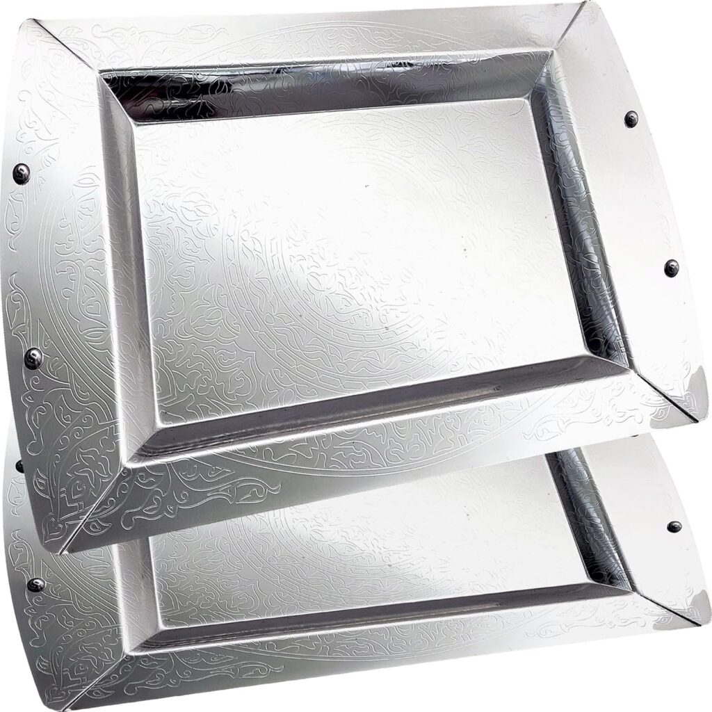 (Pack of 2) 17.5 inch x 10.8 inch Rectangular Chrome Plated Silver Serving Tray Stylish Floral Engraved Decorative Party Birthday Wedding Dessert Buffet Wine Decor Platter Plate GD-296