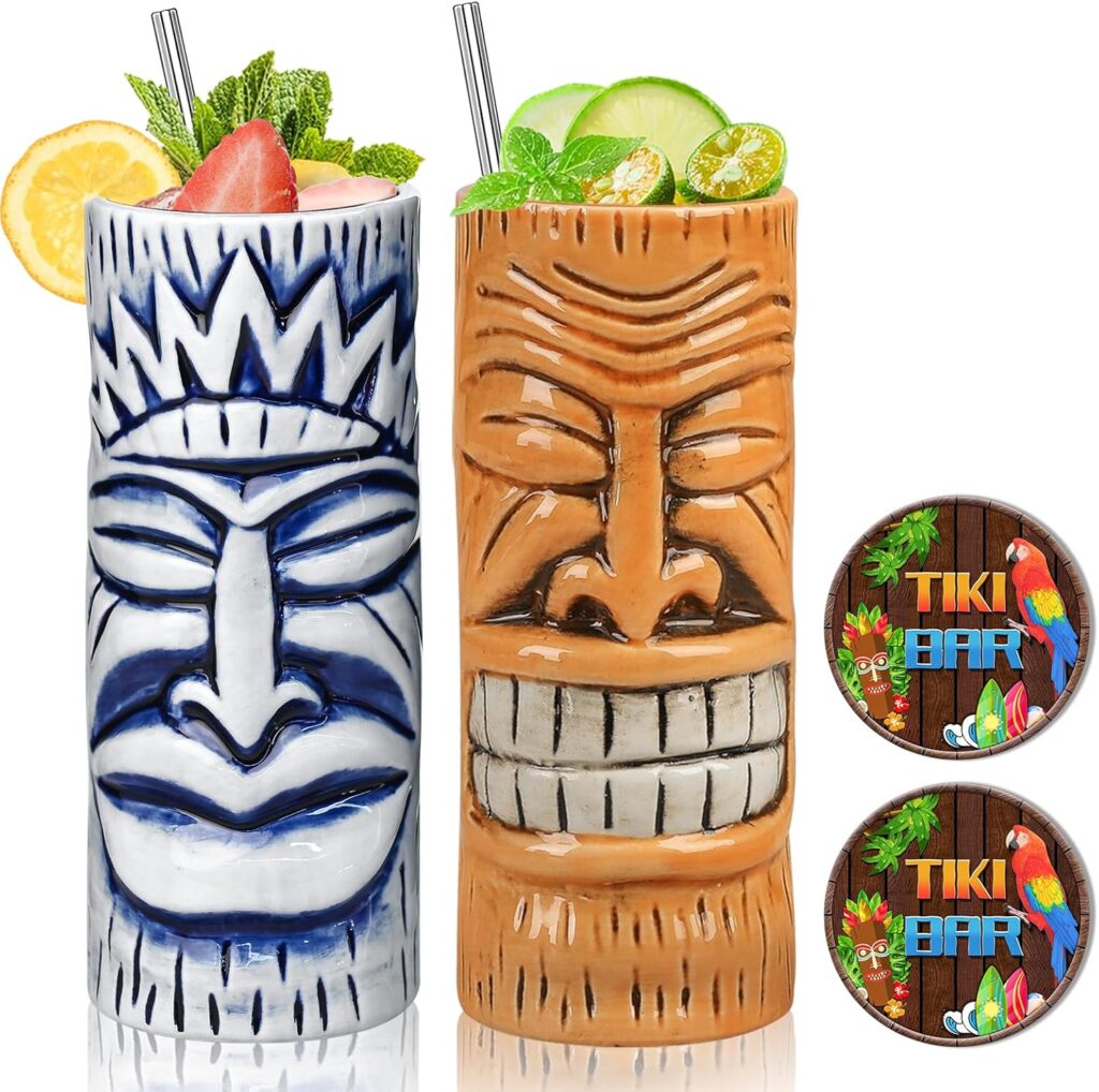 Tiki Ceramic Mugs Set of 2 Hawaiian Glasses with Coaster 15oz Handcrafted Unique Design for Parties