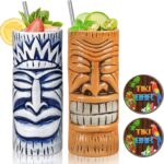 Tiki Ceramic Mugs Set of 2 Hawaiian Glasses with Coaster 15oz Handcrafted Unique Design for Parties