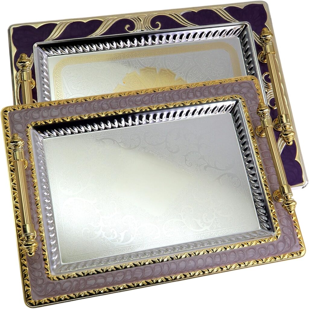 (Pack of 2) 14 inch x 10.6 inch Rectangular Chrome Plated Silver Serving Tray with Gold Handles in Purple Gold Edge Floral Engraved Dessert Decor Platter Plate NC-201
