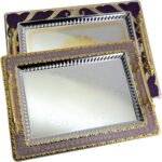 (Pack of 2) 14 inch x 10.6 inch Rectangular Chrome Plated Silver Serving Tray with Gold Handles in Purple Gold Edge Floral Engraved Dessert Decor Platter Plate NC-201