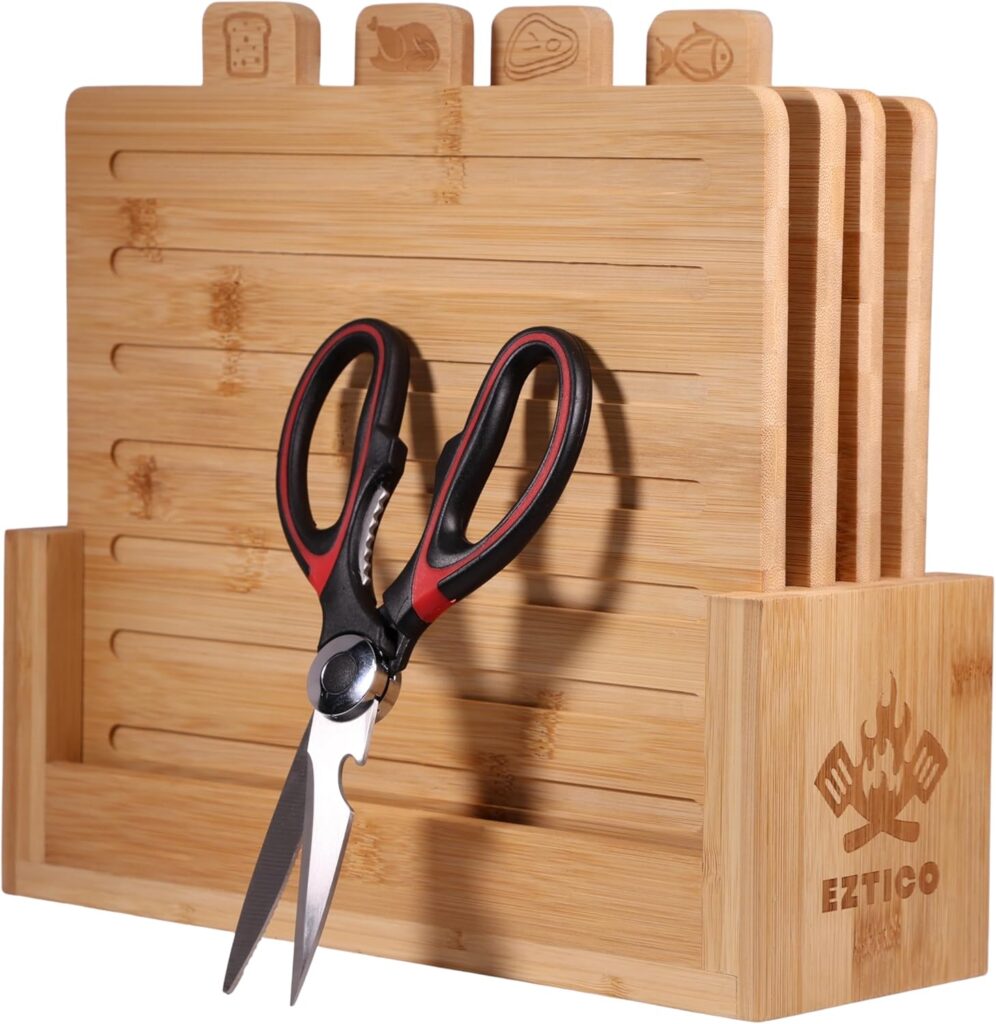 4-Piece Bamboo Cutting Board Set And Premium Scissors, Perfect Wooden Charcuterie and Chopping Boards, Ideal Juice Groove, BPA-Free, kitchen stuff, and kitchen must haves 2025.