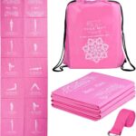 Foldable Yoga Mat for Women, Non Slip Exercise Mat for Home Gym, 5mm Travel Yoga Mats Set With Stretch Strap for Yoga Pilates and Fitness, 68″L x 24″W x 0.2 Inch Thick