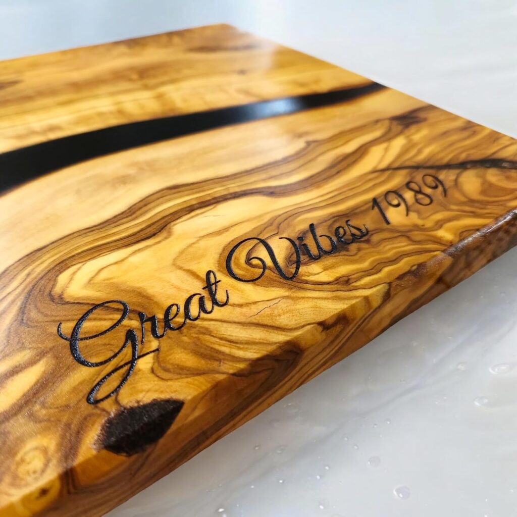 DYARI Cutting Board – 100% Natural Olive Wood Cutting Board – Premium Eco-Friendly Tunisian Rustic Serving Board – Laser Engraved Live Edge Charcuterie Board (Epoxy Resin)