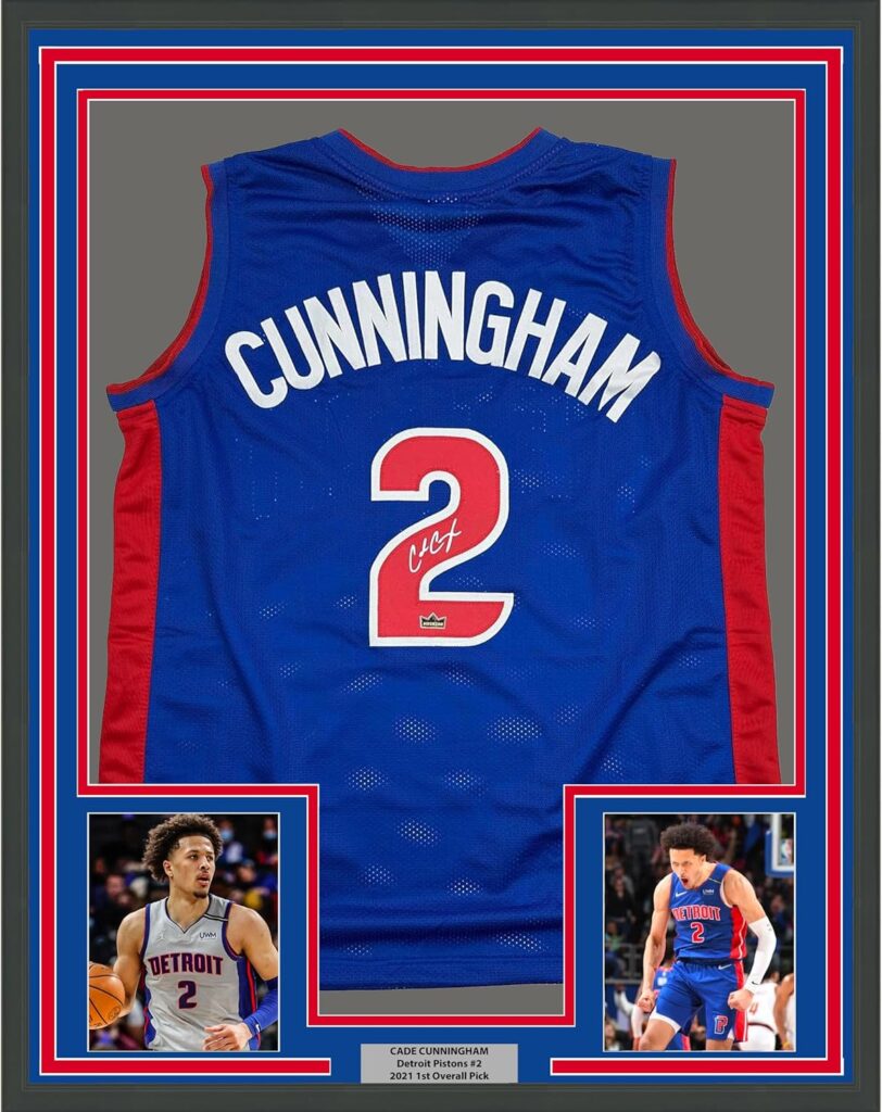 Framed Facsimile Autographed Cade Cunningham 35×39 Detroit Blue Reprint Laser Auto Basketball Jersey