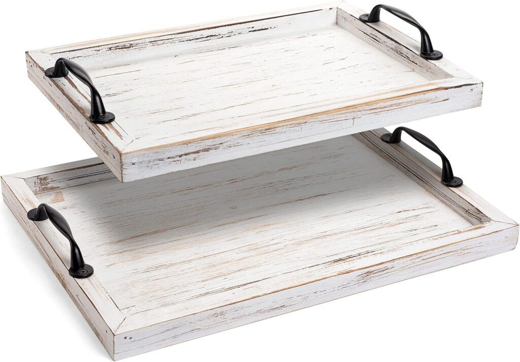 Rustic Serving Tray with Handles – 2 Nesting Trays for Serving Food – Wooden Tray for Decor, Coffee Table & Ottoman – Large Serving Tray with Distressed White Finish to Complement Any Decor