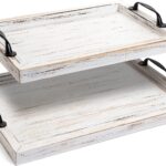 Rustic Serving Tray with Handles – 2 Nesting Trays for Serving Food – Wooden Tray for Decor, Coffee Table & Ottoman – Large Serving Tray with Distressed White Finish to Complement Any Decor