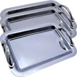 (Pack of 3 11.4 inch x 7.9 inch Oblong Chrome Plated Mirror Silver Serving Tray with Handles Stylish Design Floral Engraved Edge Decorative Party Birthday Wedding Platter Plate CC-1054
